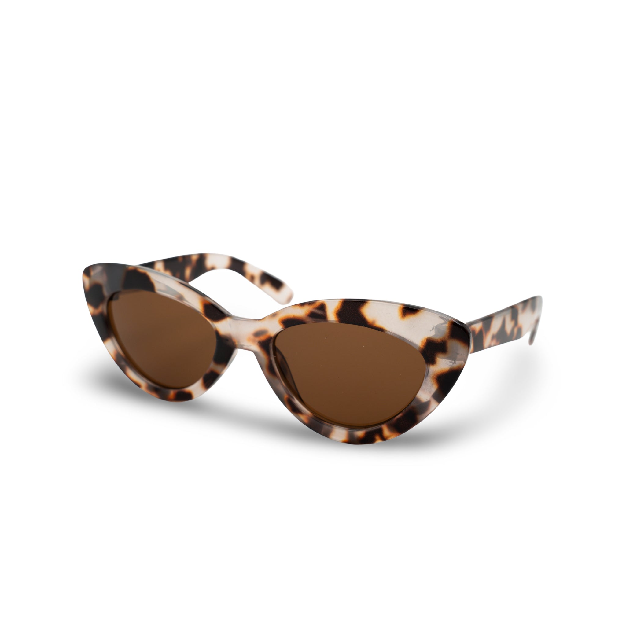 Stijlvolle cat-eye zonnebril met schildpadpatroon en bruine glazen, perfect voor een trendy look.