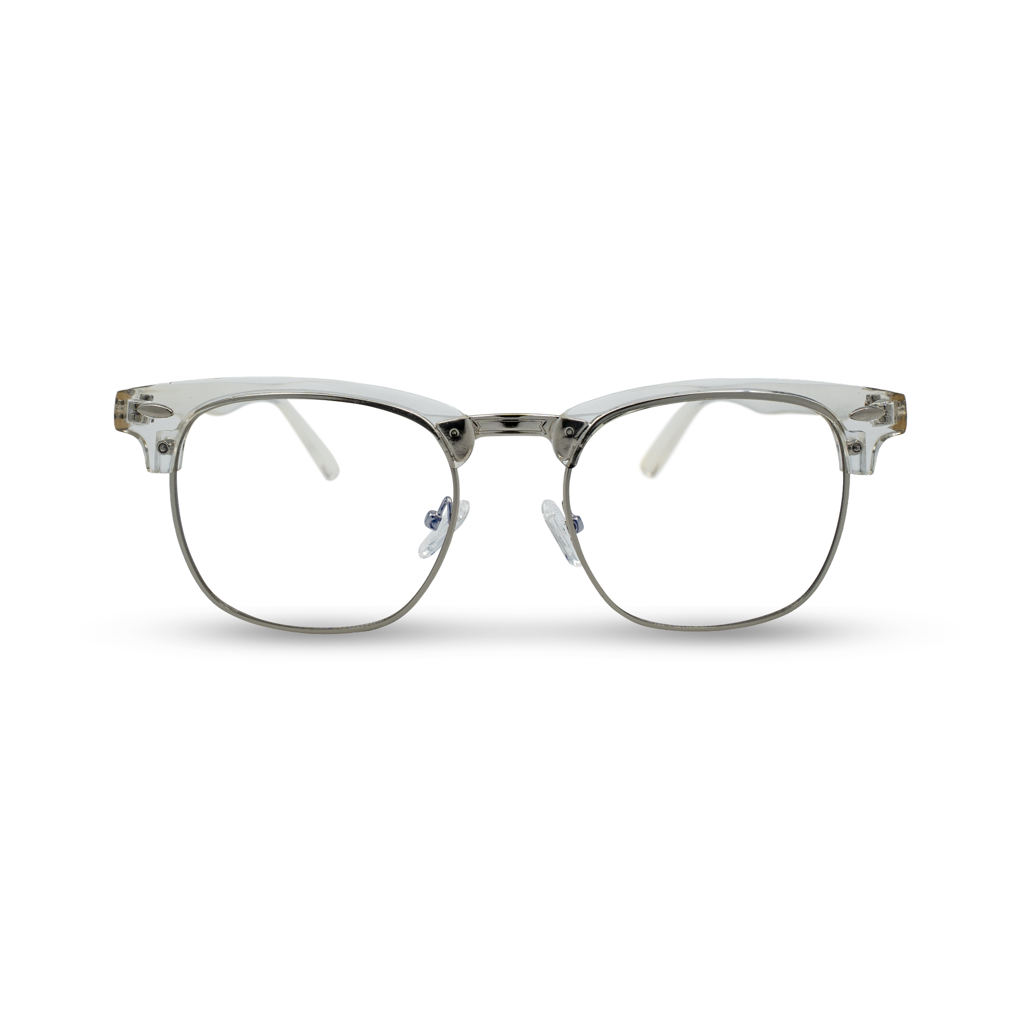 Stijlvolle transparante bril met metalen montuur en blauwe neussteunen, perfect voor dagelijks gebruik.