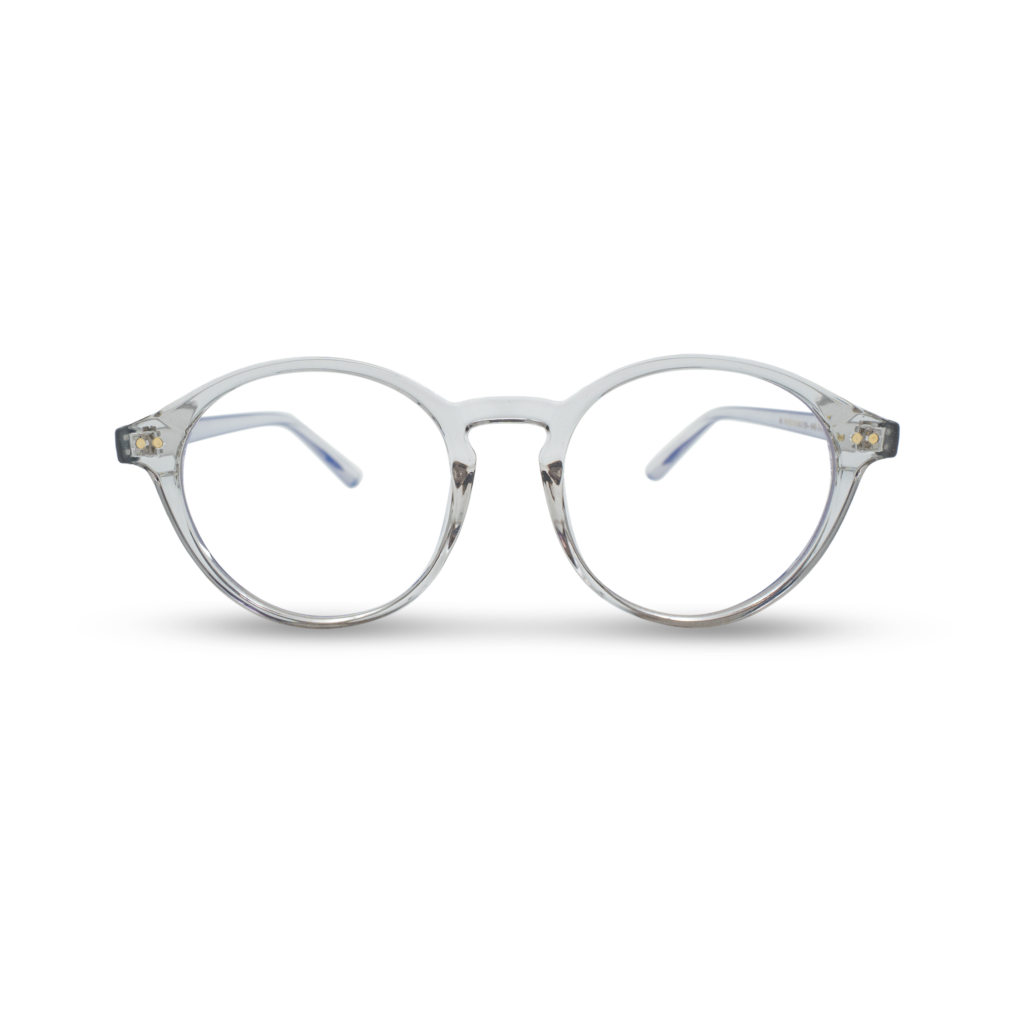 Transparante ronde leesbril met blauwe accenten en gouden details, stijlvol en comfortabel