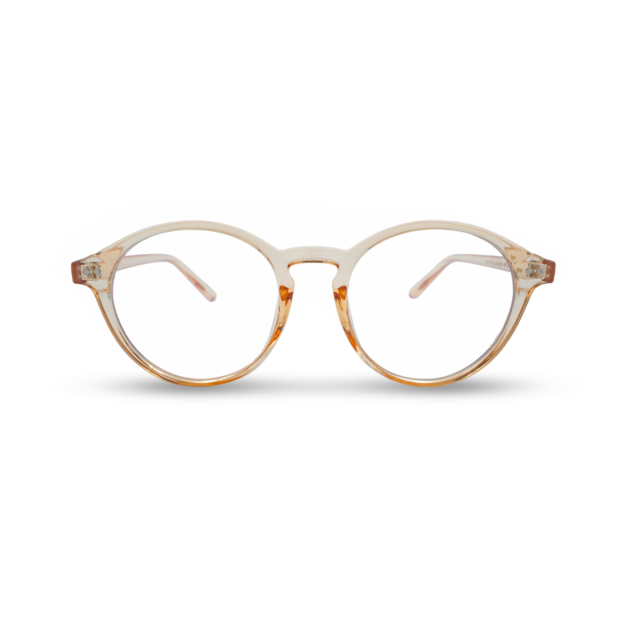 Stijlvolle ronde brillenglazen met transparant amber montuur, perfect voor dagelijks gebruik.