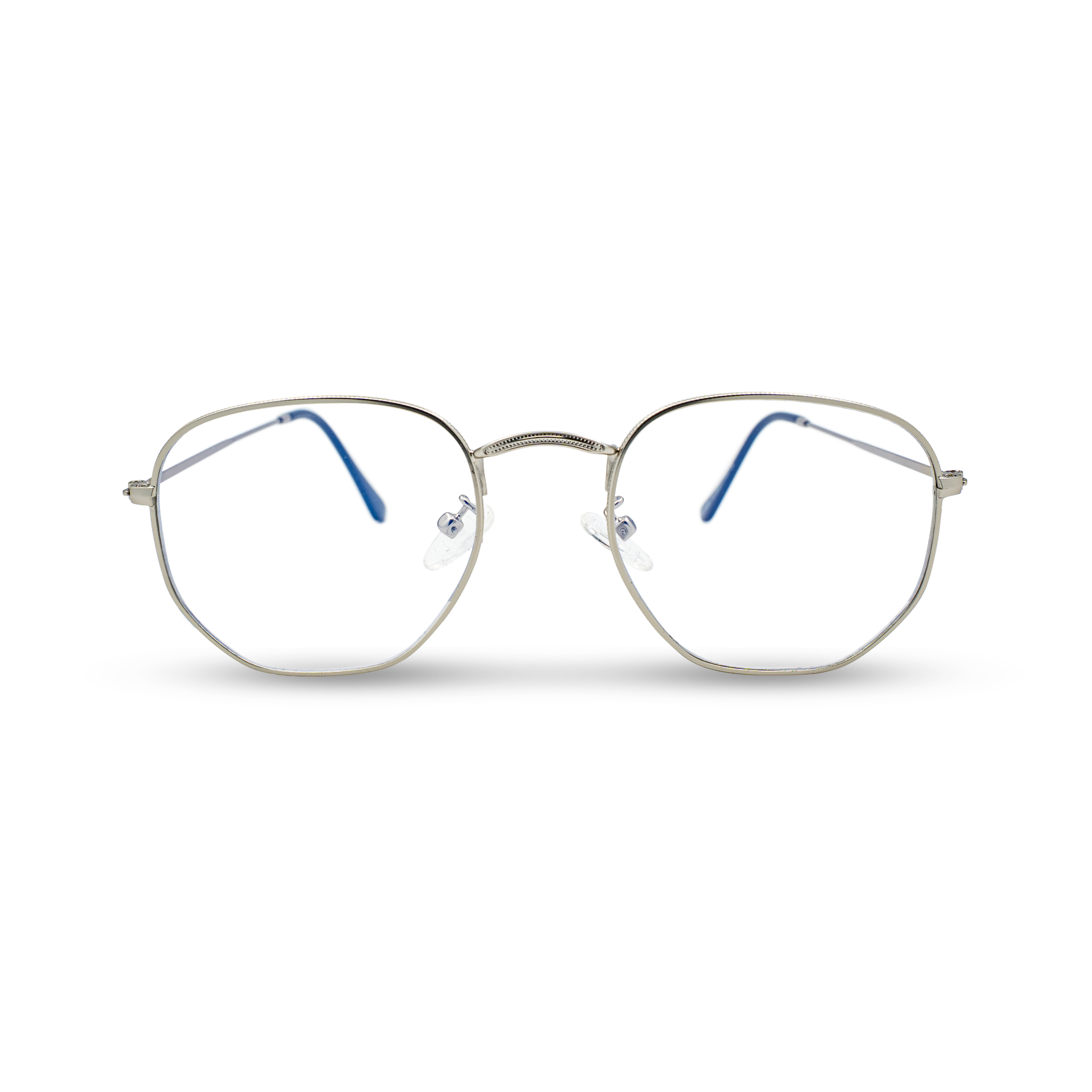 Stijlvolle zilveren bril met blauwe details, perfect voor dagelijks gebruik en kwalitatief design.