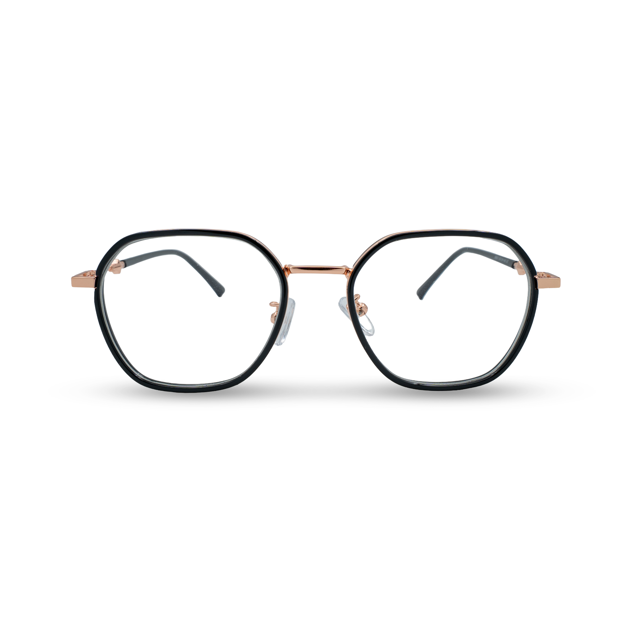 Stijlvolle ronde bril met zwarte montuur en rosegouden details, perfect voor dagelijks gebruik.