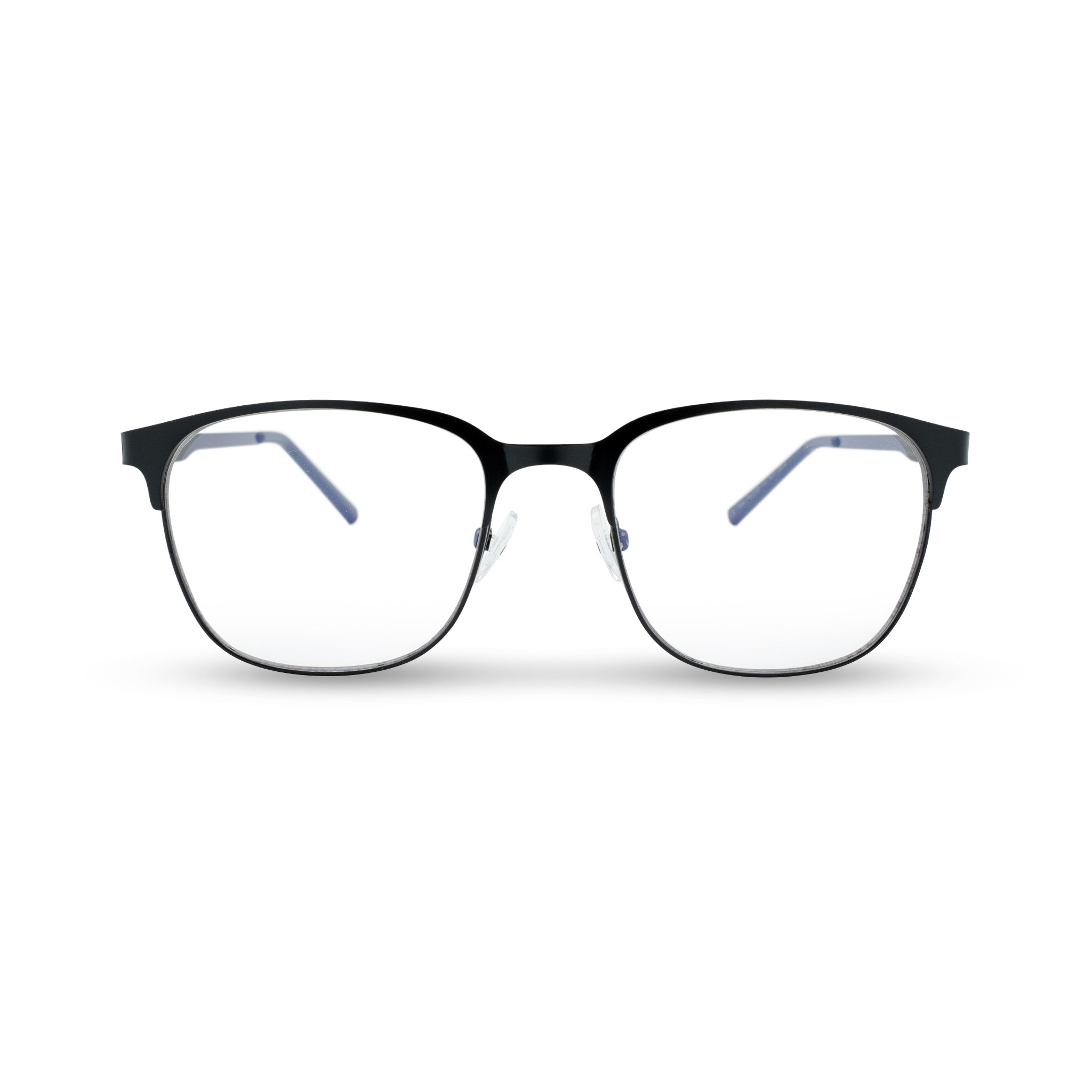 Stijlvolle zwarte leesbril met rechthoekige montuur en blauwe details, perfect voor dagelijks gebruik.