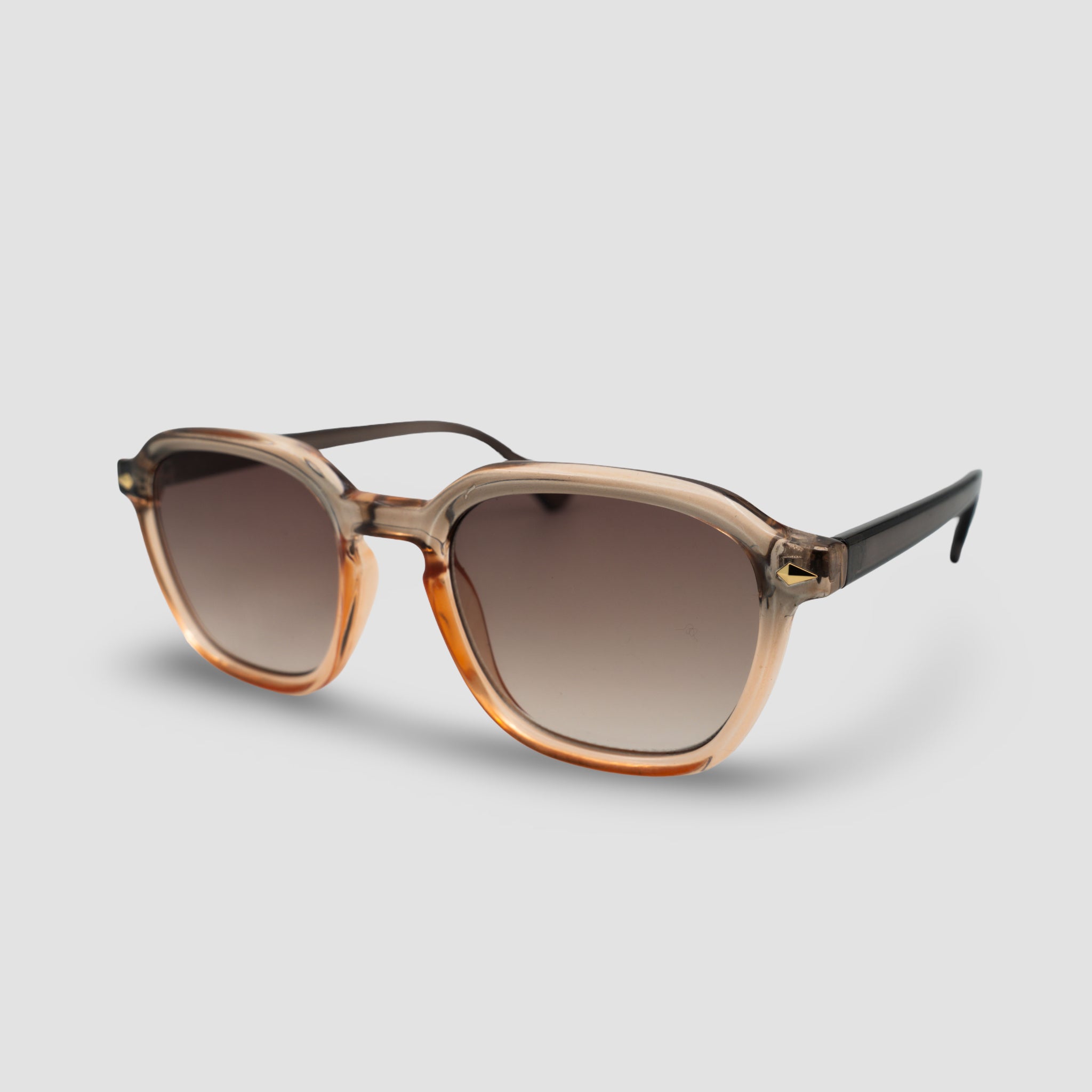 Stijlvolle zonnebril met transparant bruin montuur en goudkleurig detail, perfect voor zomerse dagen.