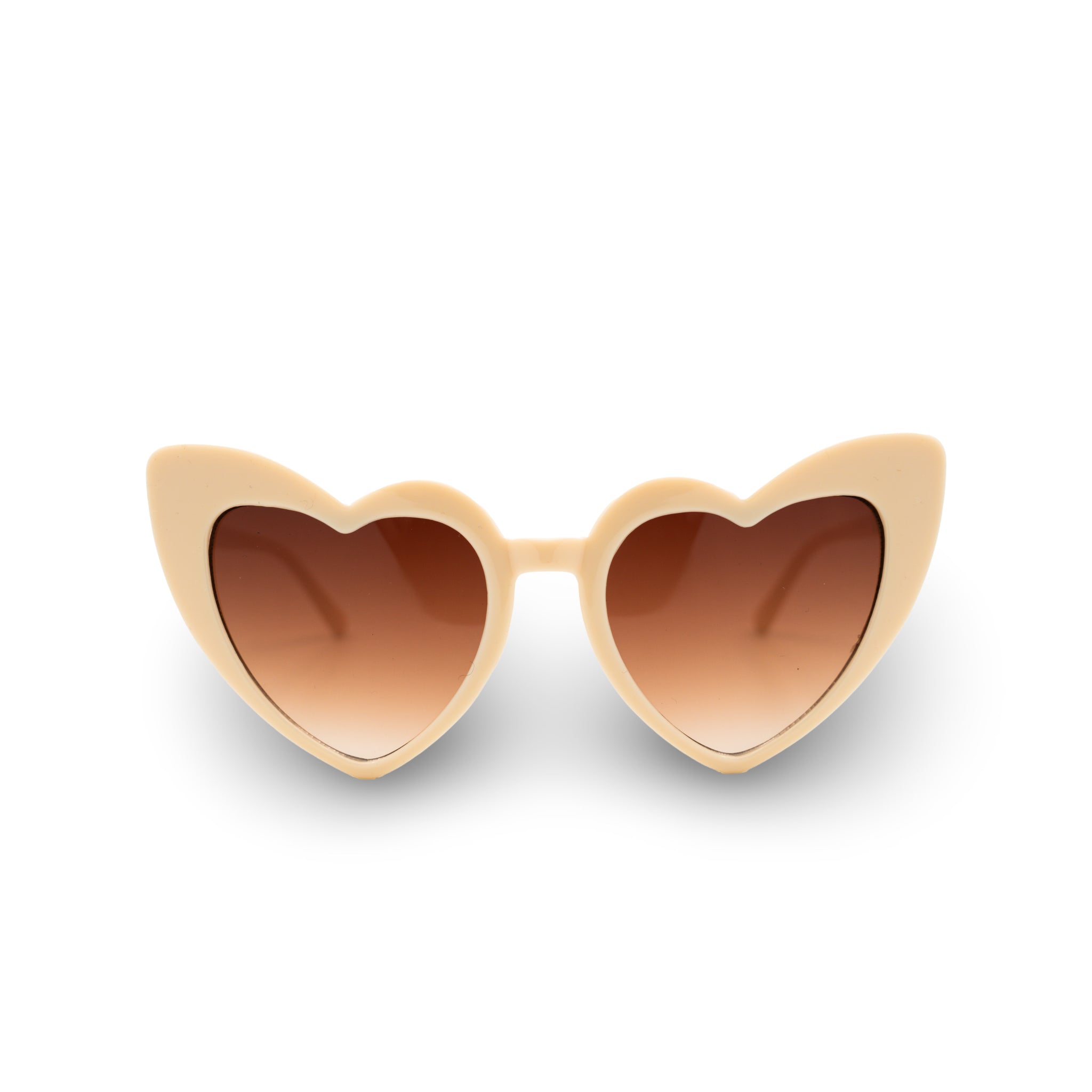 Hartvormige zonnebril met beige montuur en bruine glazen, stijlvol en trendy voor zomerse dagen.
