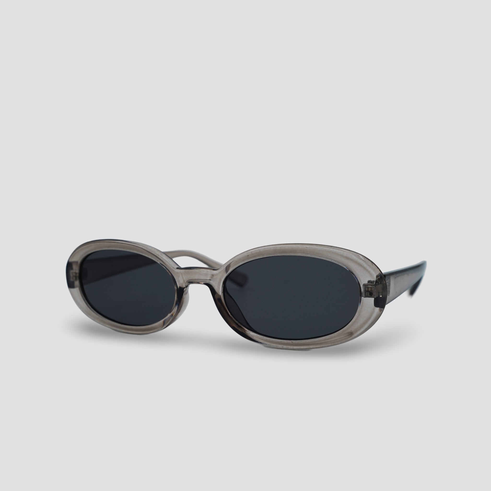Stijlvolle ovale zonnebril met transparant montuur en donkere glazen, perfect voor dagelijks gebruik.