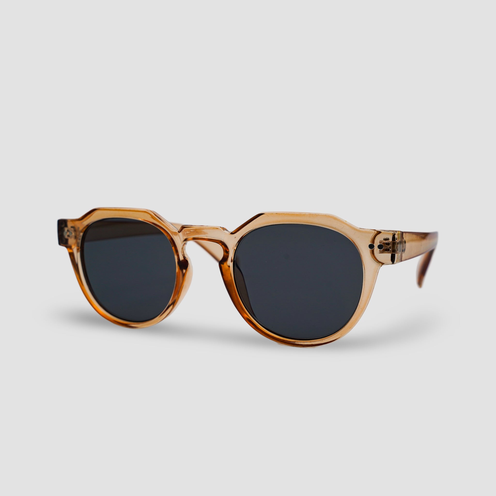 Stijlvolle zonnebril met transparant bruin montuur en donkere glazen, perfect voor dagelijks gebruik.