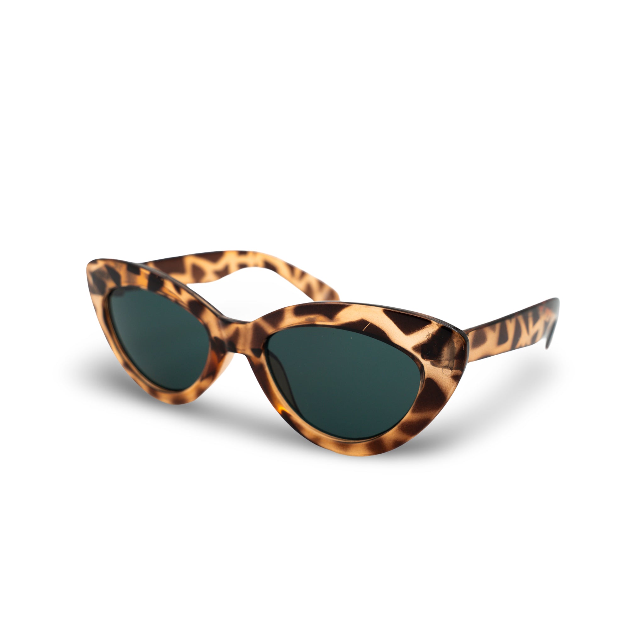 Stijlvolle zonnebril met luipaardprint en donkergroene glazen, perfect voor een modieuze look.
