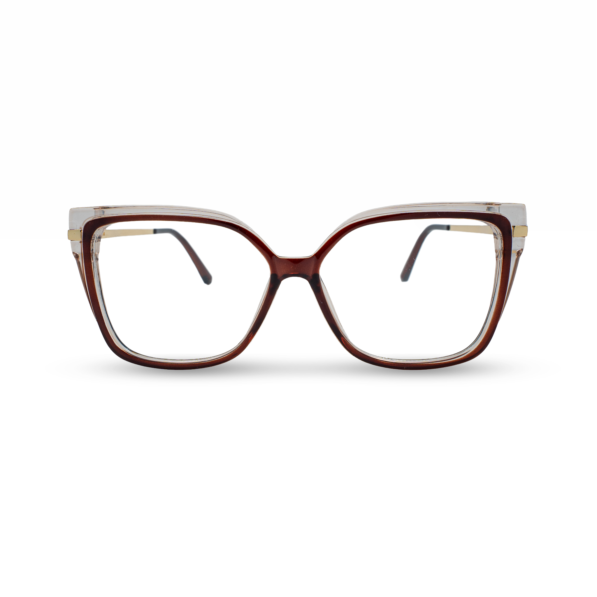Stijlvolle bruine zonnebril met transparante montuur en gouden details, perfect voor een modieus look.