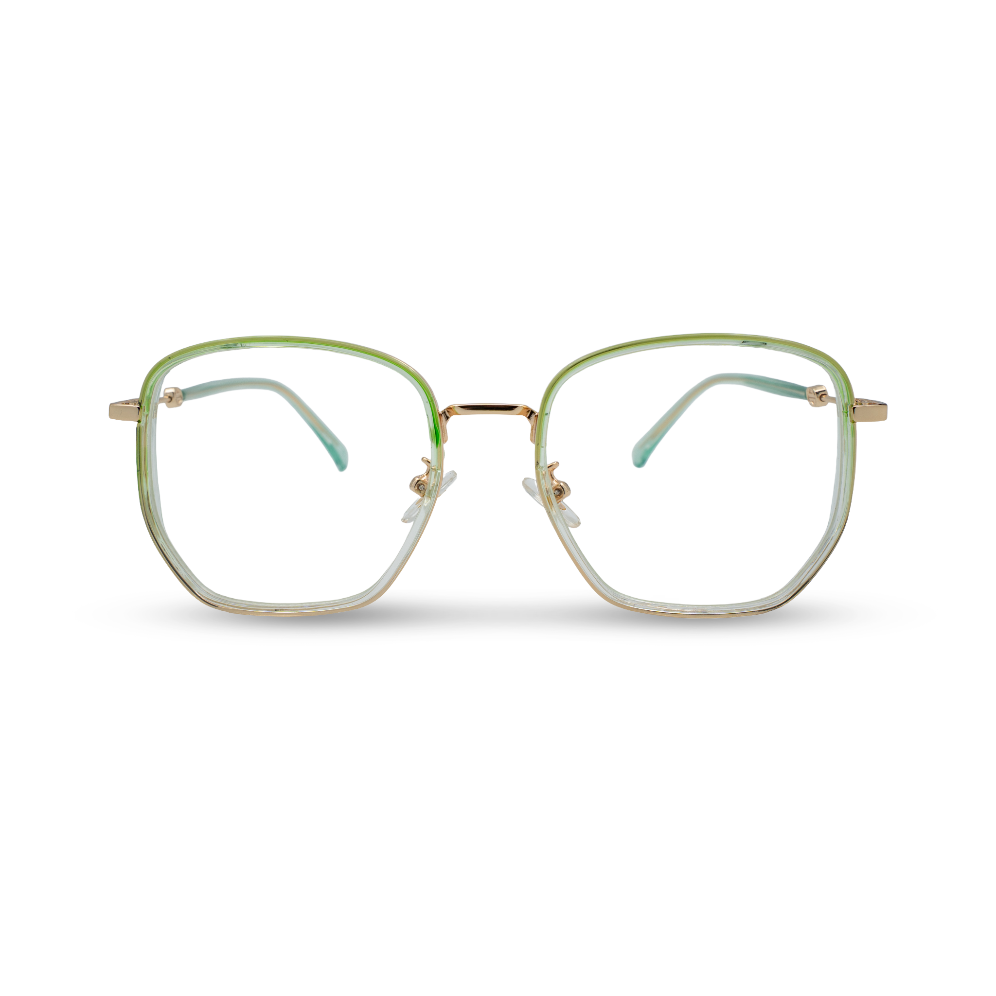Stijlvolle groen-transparante bril met gouden details, perfect voor dagelijks gebruik en modebewuste look.