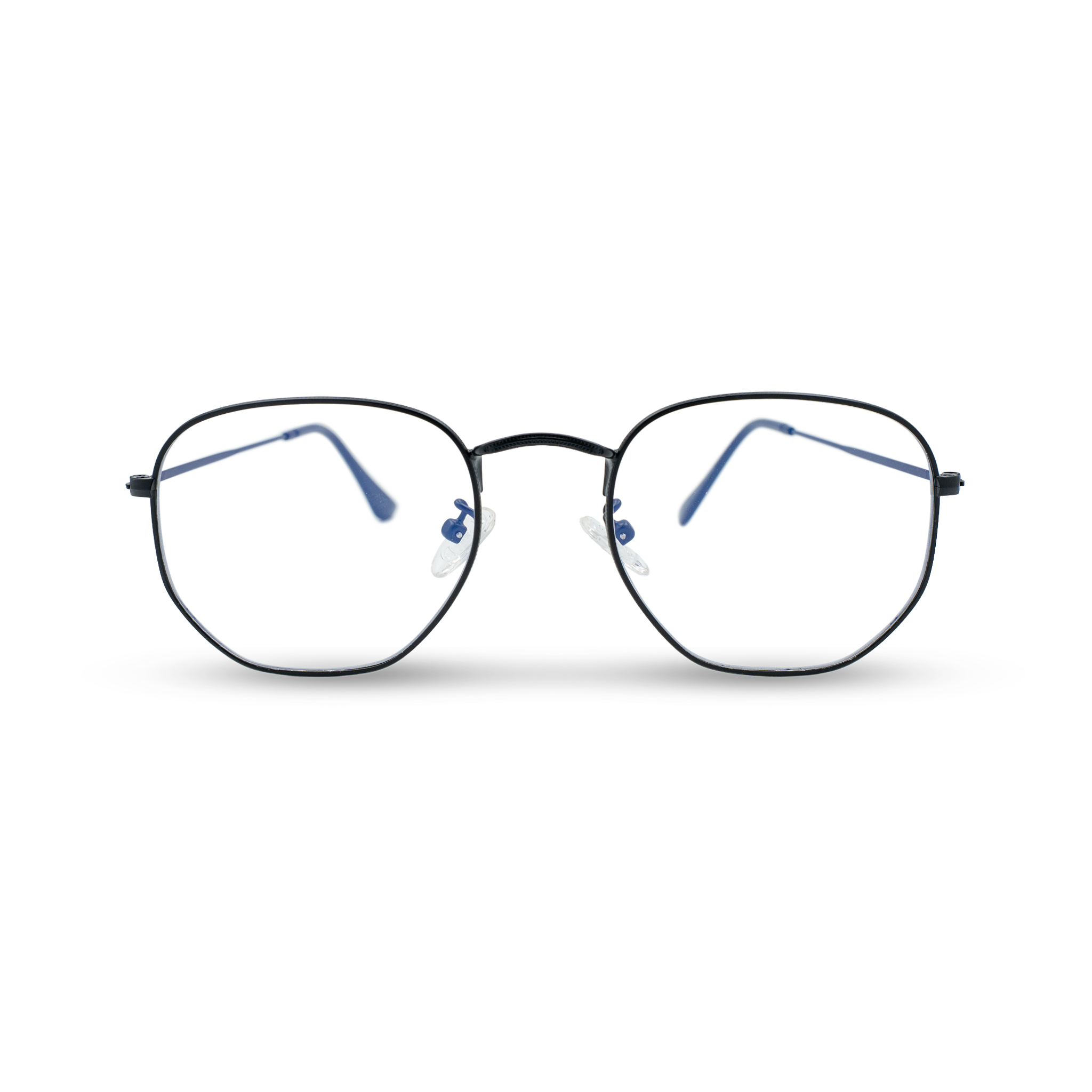 Stijlvolle zwarte bril met blauwe details en transparante neussteunen, perfect voor dagelijks gebruik.