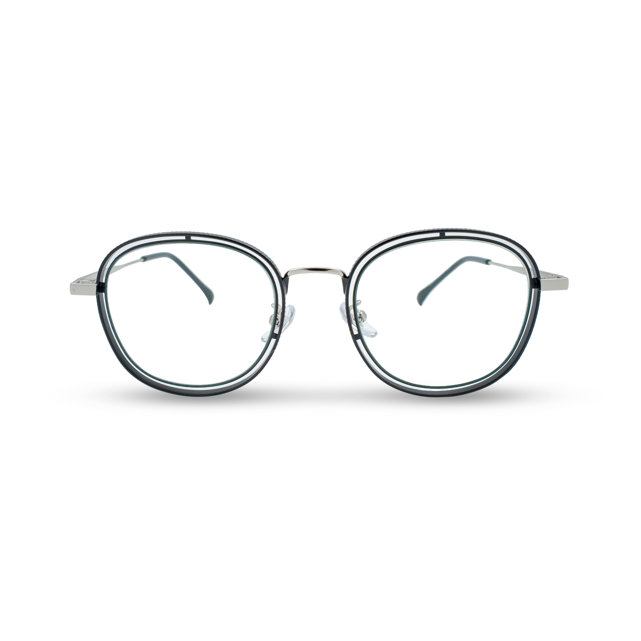Stijlvolle ronde bril met zwart-zilver montuur, perfect voor dagelijks gebruik en kwalitatief design.