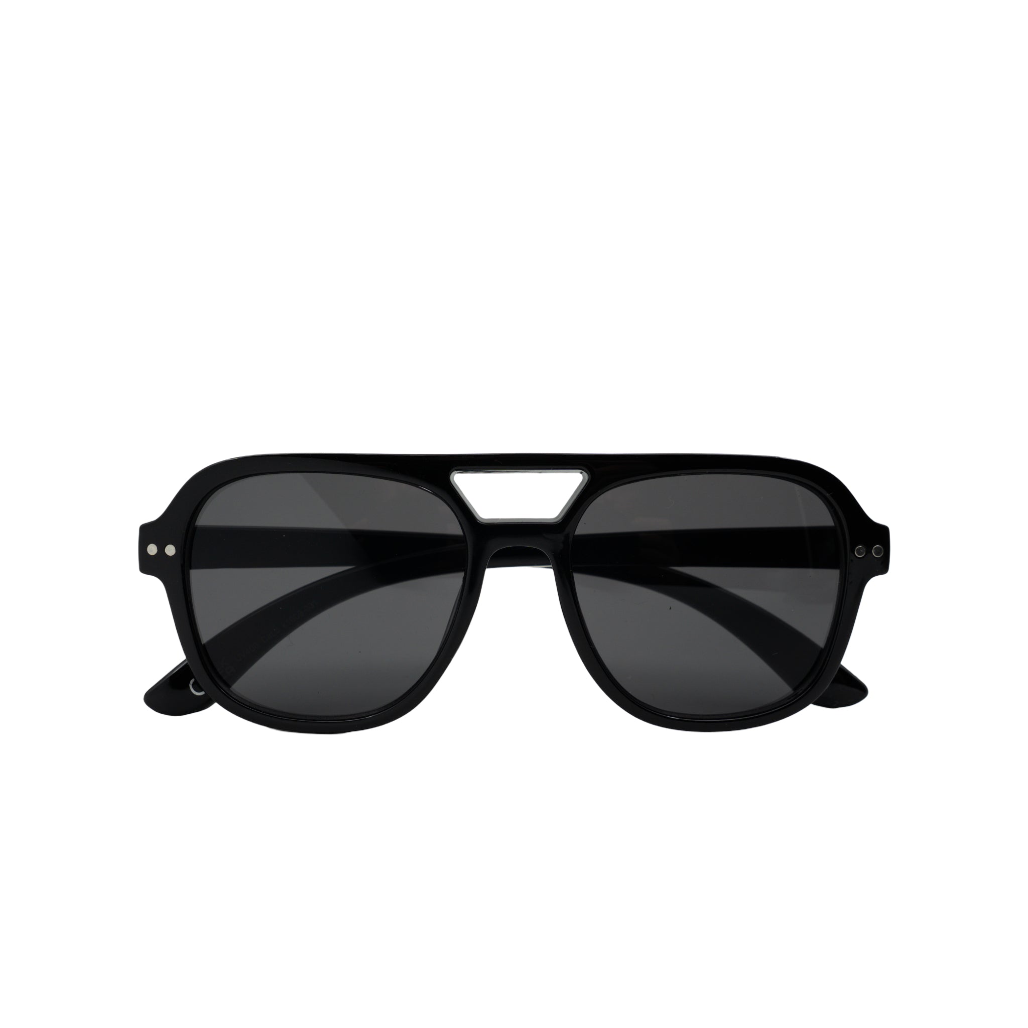 Stijlvolle zwarte zonnebril met donkere glazen en moderne design, perfect voor zonbescherming en mode.