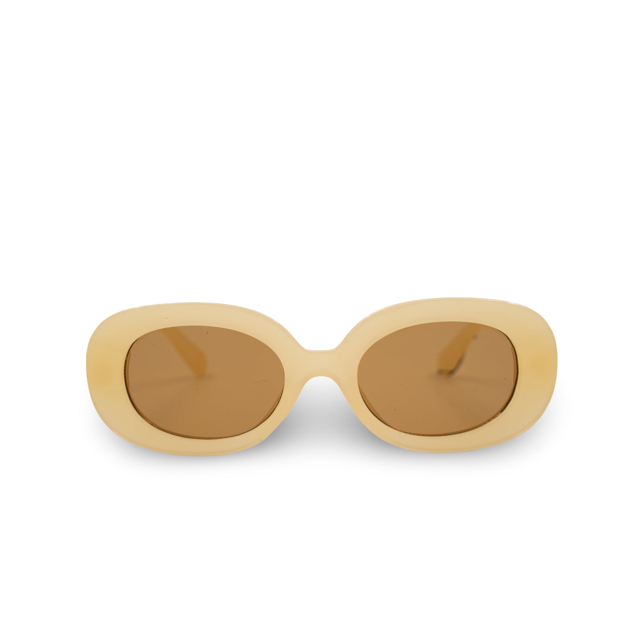 Stijlvolle ovale zonnebril met crèmekleurig montuur en bruine glazen, perfect voor zomerse dagen.