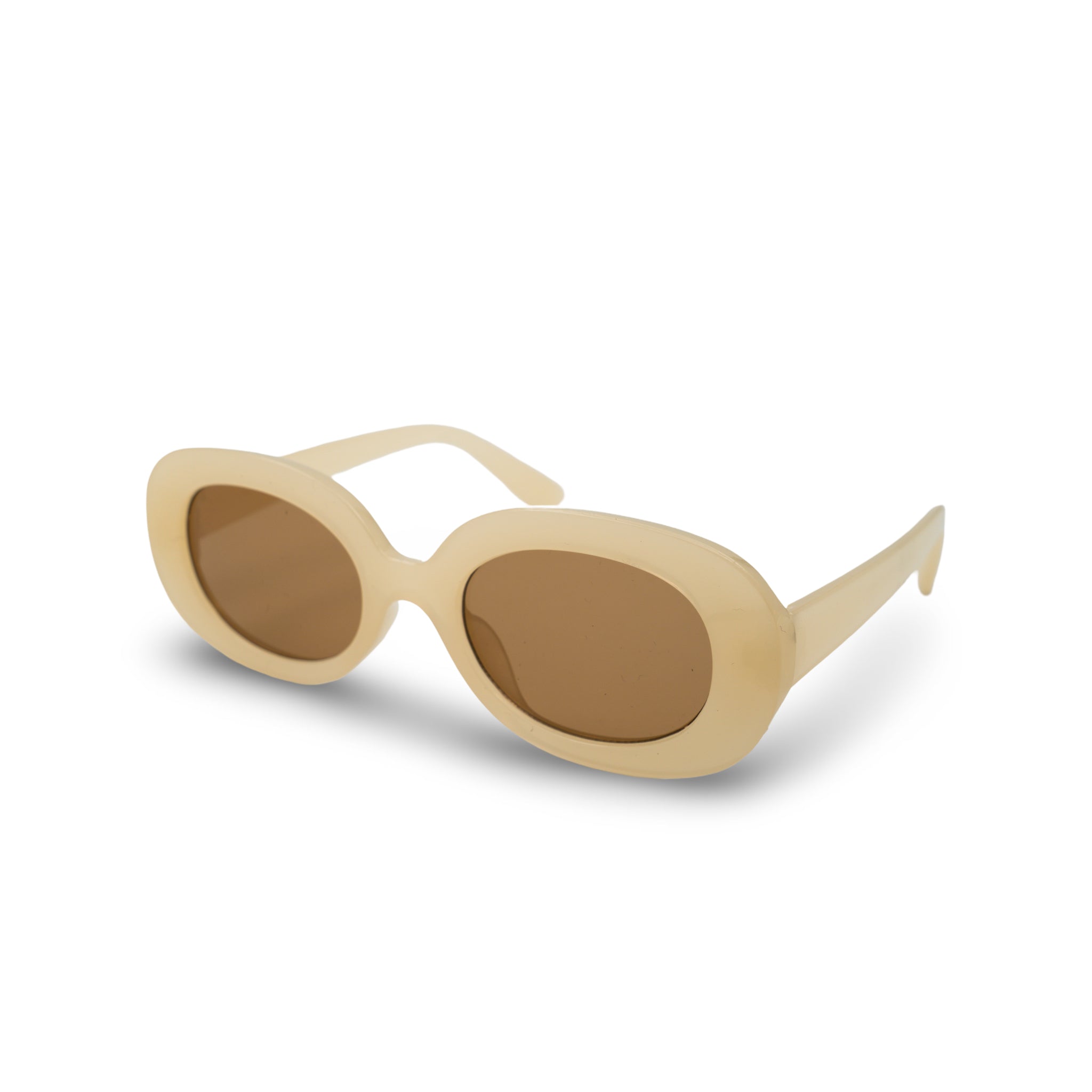 Stijlvolle crèmekleurige zonnebril met ovale bruine glazen, perfect voor een trendy look.