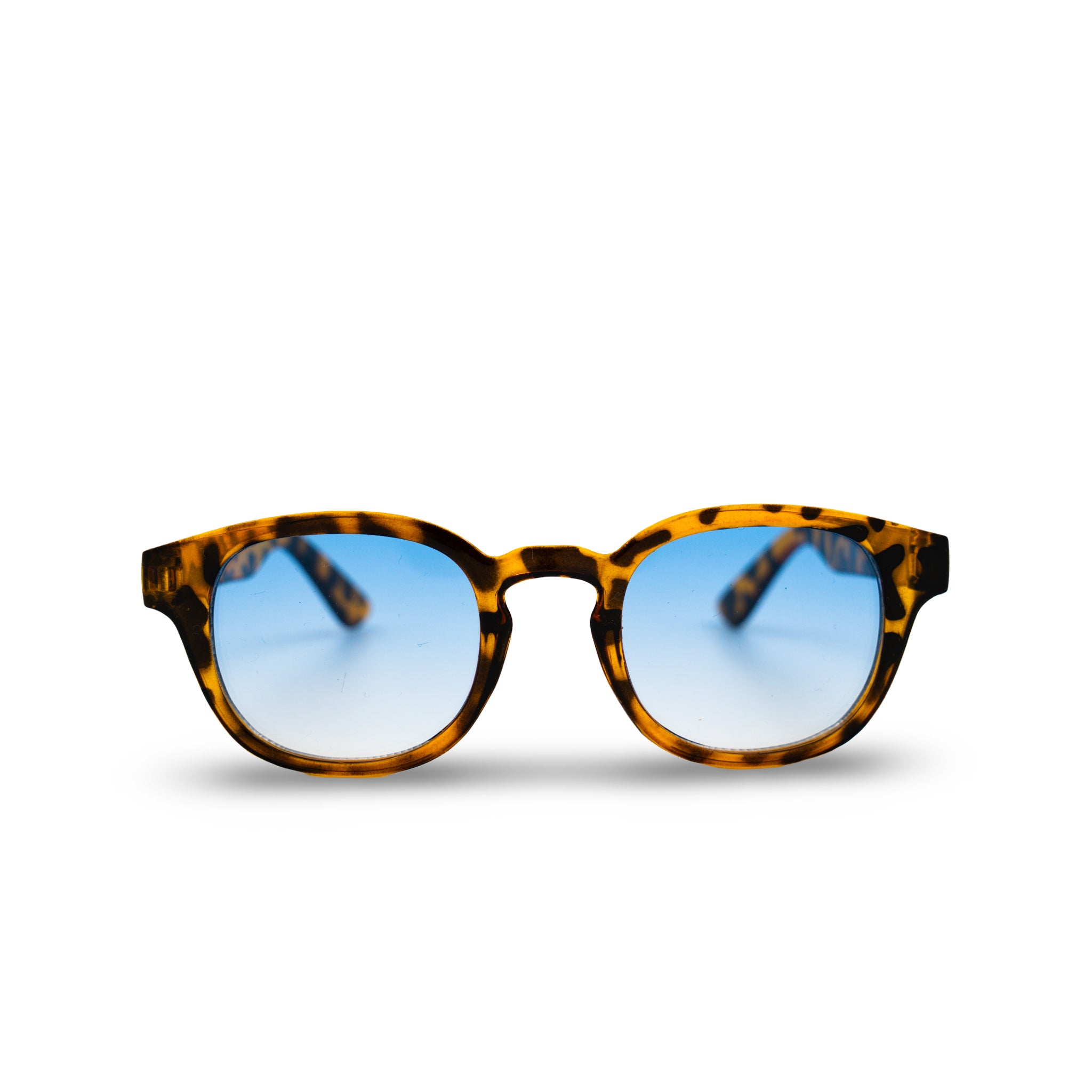 Stijlvolle zonnebril met schildpadpatroon en blauwe glazen, perfect voor zomerse dagen.
