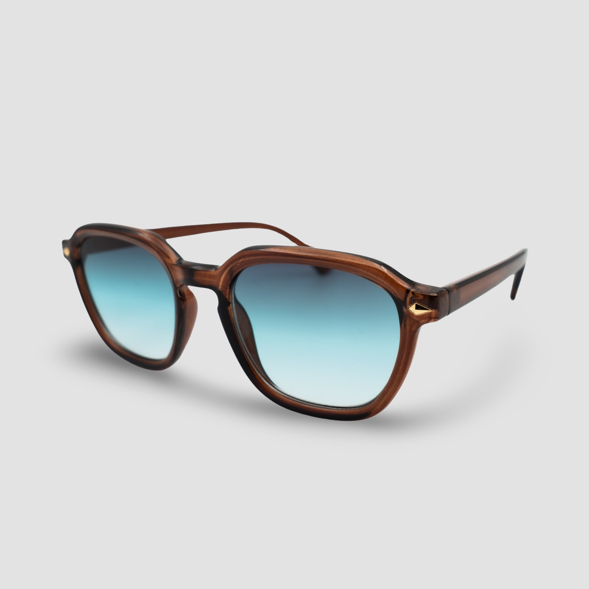 Stijlvolle zonnebril met bruin montuur en blauwe gradatie glazen, perfect voor zomerse dagen.