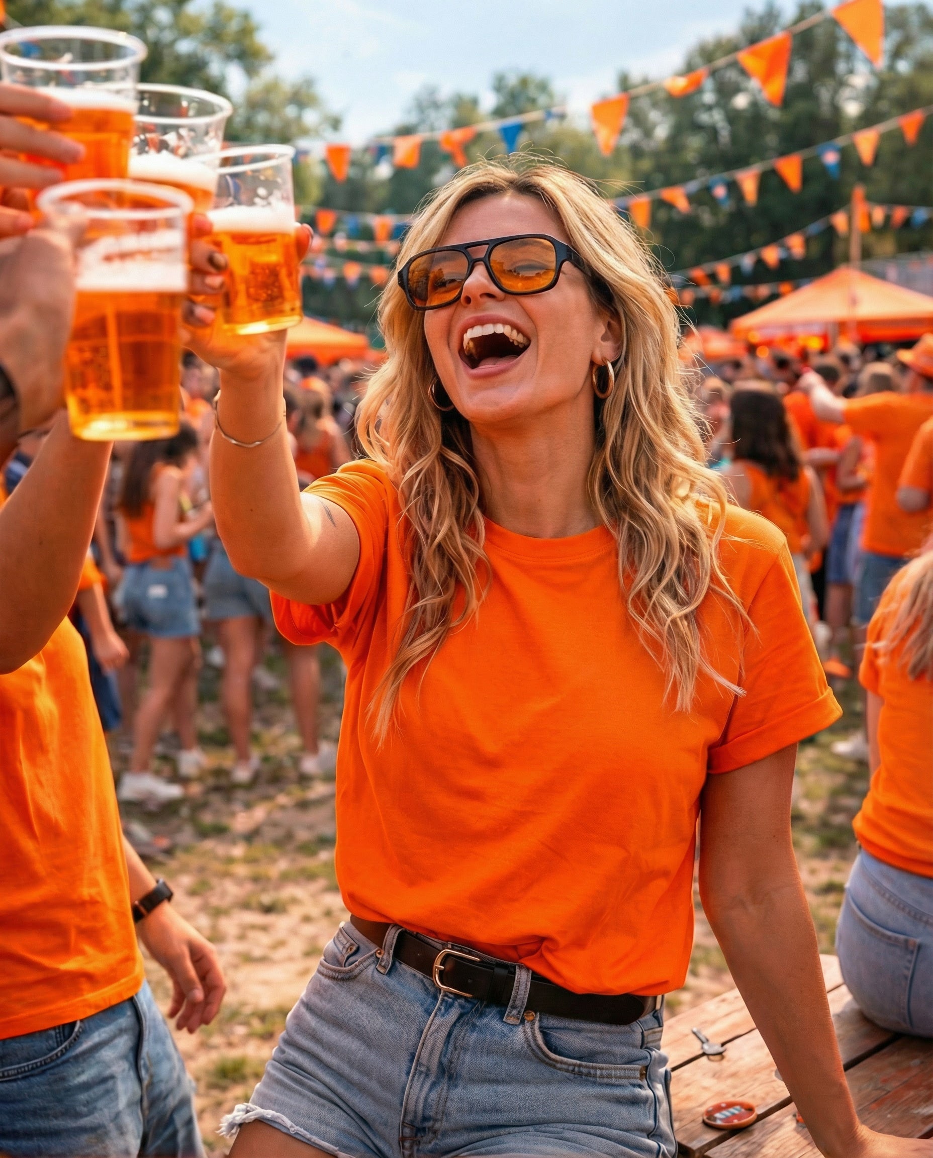 Vrolijke vrouw met oranje zonnebril en t-shirt viert feest met bier, perfect voor zomerfeesten en festivals