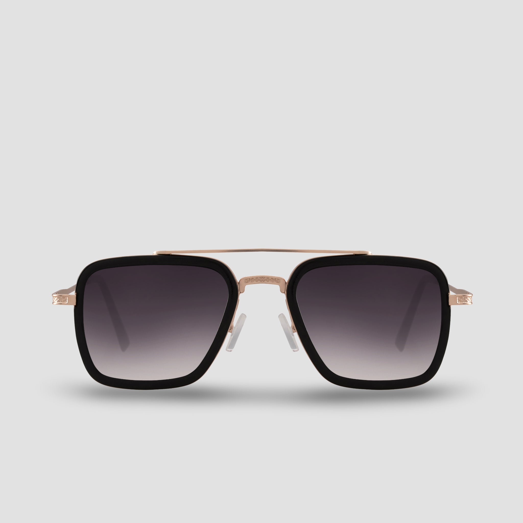 Stijlvolle zonnebril met zwarte montuur en rosegouden accenten, perfect voor een moderne look.